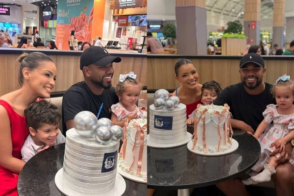 Davi Brito e Emily Araújo comemoram aniversário juntos em shopping de Salvador