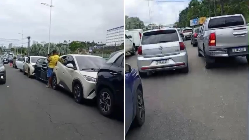 ATIDA NA PARALELA! Engavetamento com cinco veículos deixa ferido e trava trânsito em Salvador