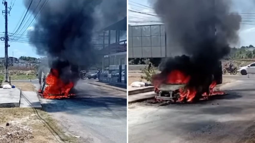 CARRO PEGA FOGO E ASSUSTA MORADORES EM ALAGOINHAS; BOMBEIROS SÃO ACIONADOS