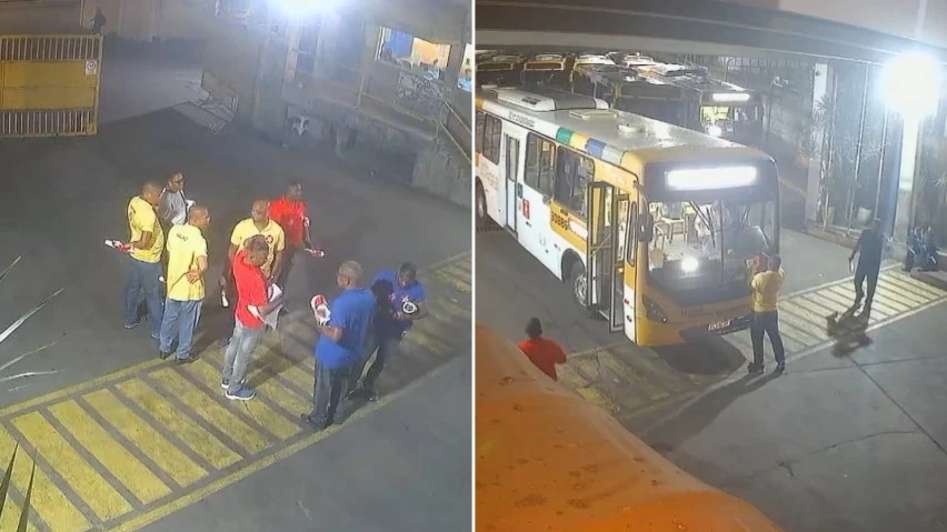 CÂMERAS REGISTRAM HOMENS ADESIVANDO ÔNIBUS COM PROPAGANDA PARTIDÁRIA EM GARAGENS DE SALVADOR