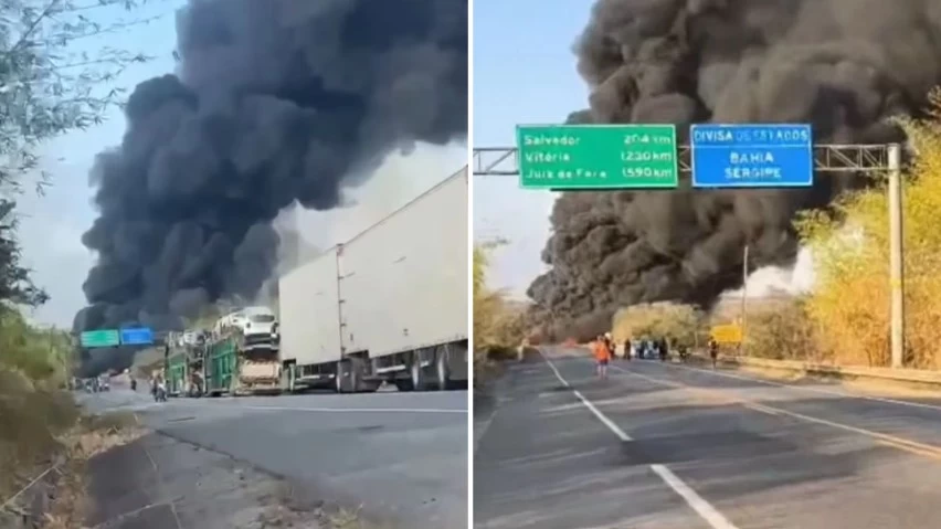 Tragédia evitada na BR-101: Carreta com combustível tomba, pega fogo e destrói carro na divisa entre Sergipe e Bahia